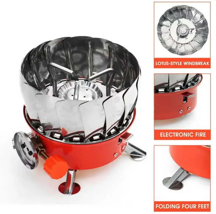 Windproof Piezo Ignition Lotus Gas Stove Outdoor Cooking Gas Burner Cookware With Adapter For Camping Hiking Picnic