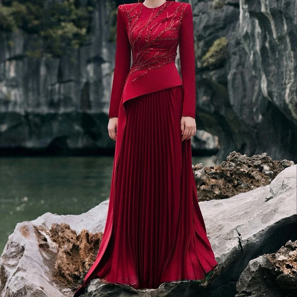 

Customized A-line Evening Dresses Floor-length O-neck Full Sleeve Prom Gown Fashion Flowers Sequined Simple Draped Party Gown