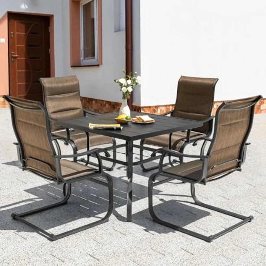 

NUU GARDEN 5 Piece Outdoor Dining Set with Textilene Patio Chairs and Square Table Brown and Black Includes Umbrella Hole Ideal