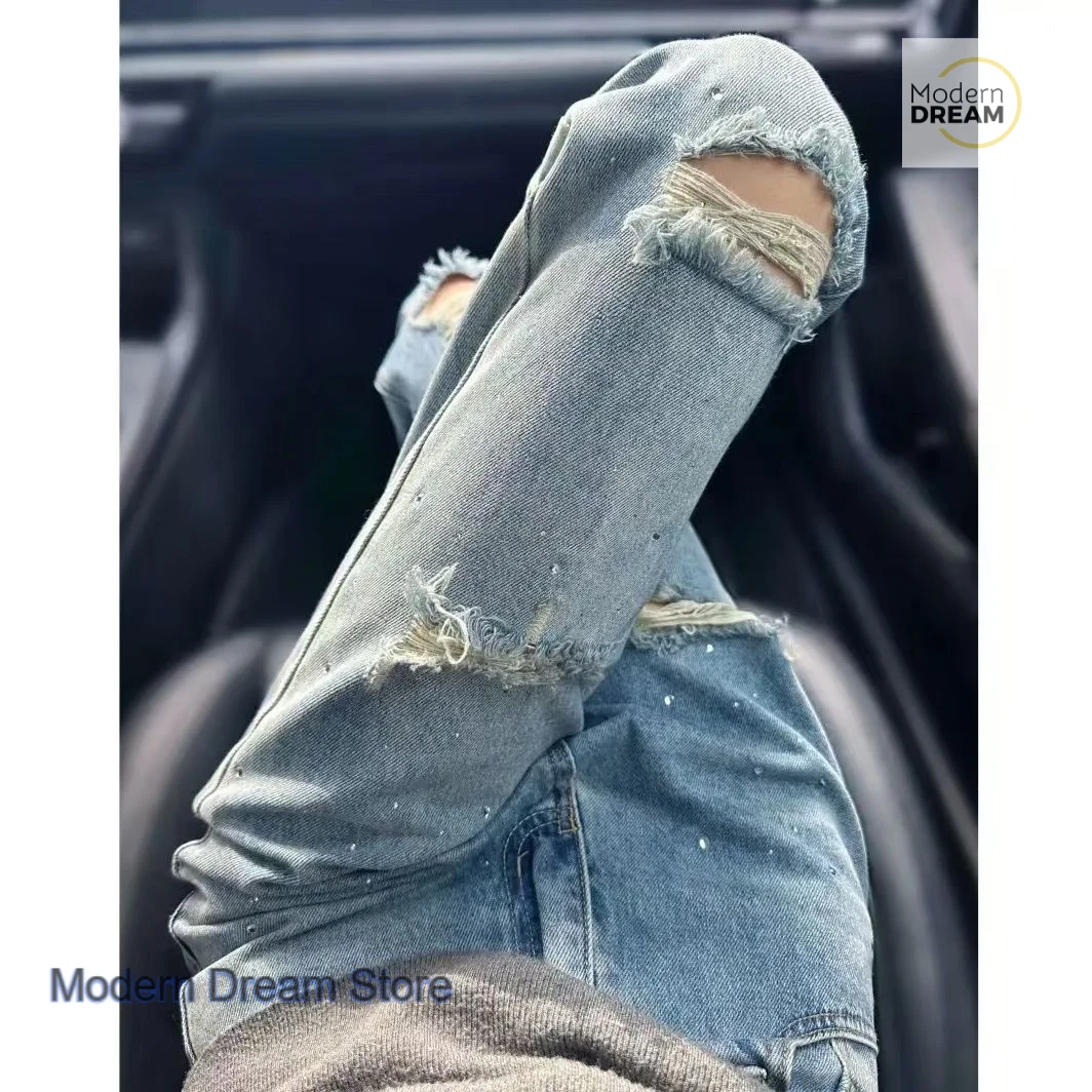 Jean droit à gros trous avec strass pour femmes, mode rétro américaine, nouveau pantalon d'été à jambes larges, taille haute, tempérament sauvage.