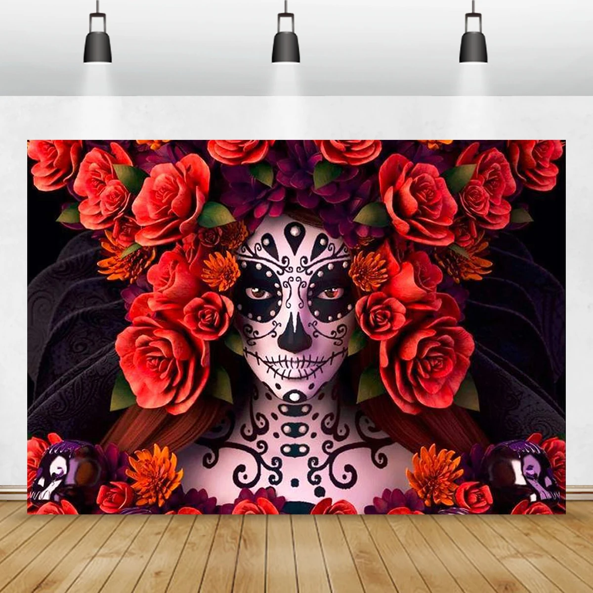 

Day Of The Dead Rose Backdrop Mexican Sugar Skull Flower Fiesta Marigold Carnival Dress-up Dance Party Background Photoshoot