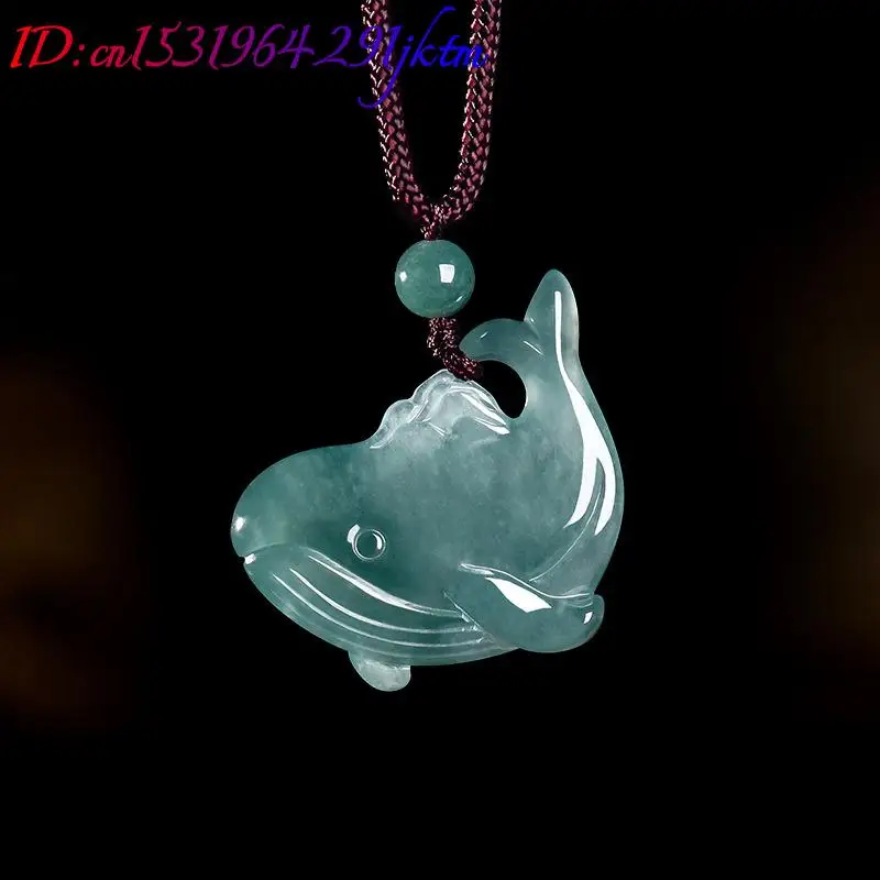 Natural Burmese Jadeite Whale Pendant Necklace Accessories Real Jade Charm Carved Amulet Jewelry Gemstone Gifts for Women view 2