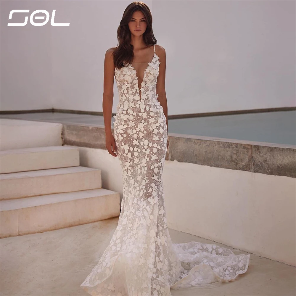 SOL profondo scollo a V splendida Appliques di pizzo 3D abiti da sposa treno staccabile aperto indietro abiti da sposa Vestidos De Novia su misura