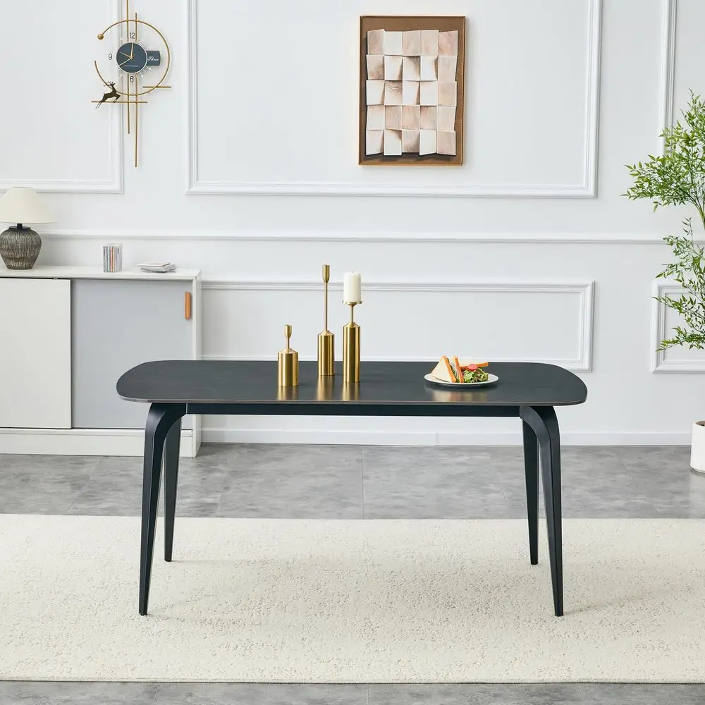 

Rectangular Dining Table,63Sintered Stone Dining Table for 46, Black Stone Top with Carbon Steel Frame for Small Space,Kitchen