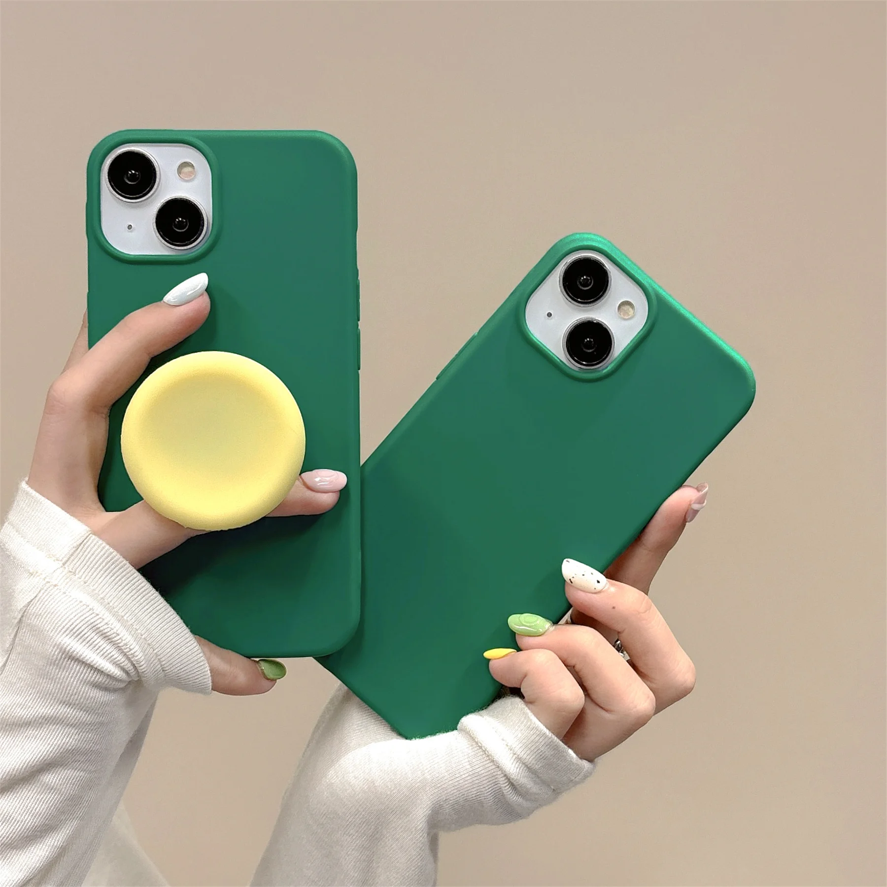 

Cute Aesthetic Silicone Circular Bracket Green Soft Phone Case for iPhone 15 14 13 12 Pro Max 11 Shockproof Cover with Holder