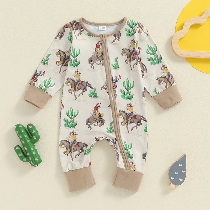 FOCUSNORM 0-12M Infant Baby Boys Western Jumpsuit Long Sleeve Horse Cactus Print Zipper Autumn Romper Clothes