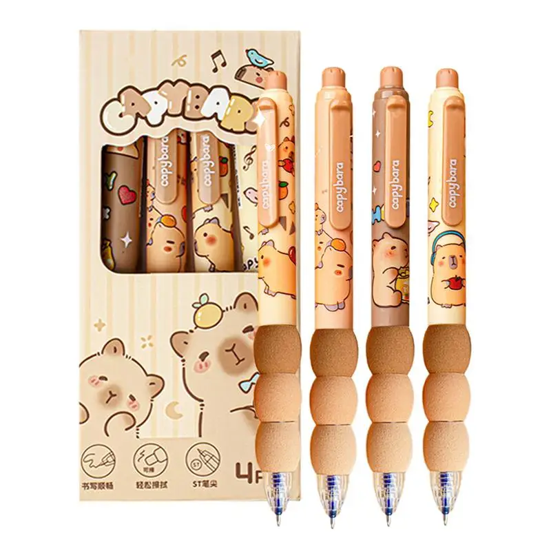 4Pcs Cute Cartoon Capybara Retractable Erasable Pens Cute Capybara Pens Nibs Blue Ink Writing Supplies Aesthetic Stationery