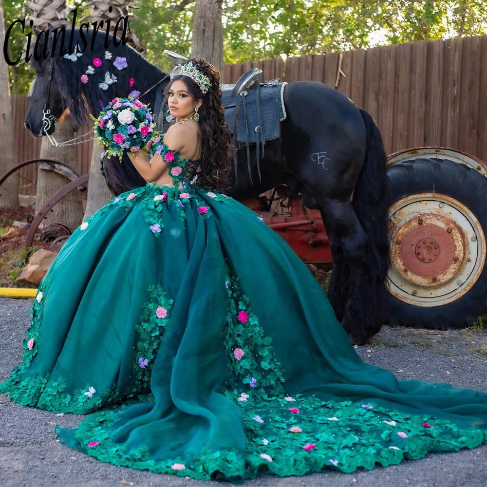 Vestidos verdes de quinceañera mexicana, apliques florales 3D hechos a mano, Vestidos de baile formales de princesa de cumpleaños, 15 y 16 Años