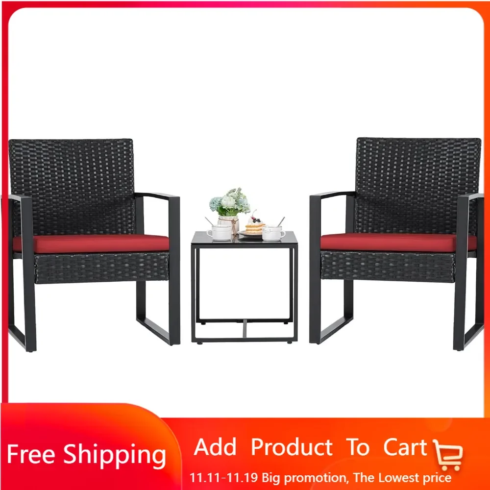 3 Pieces Wicker Patio Furniture Outdoor Modern Rattan Chair Conversation Sets with Coffee Table for Yard and Bistro