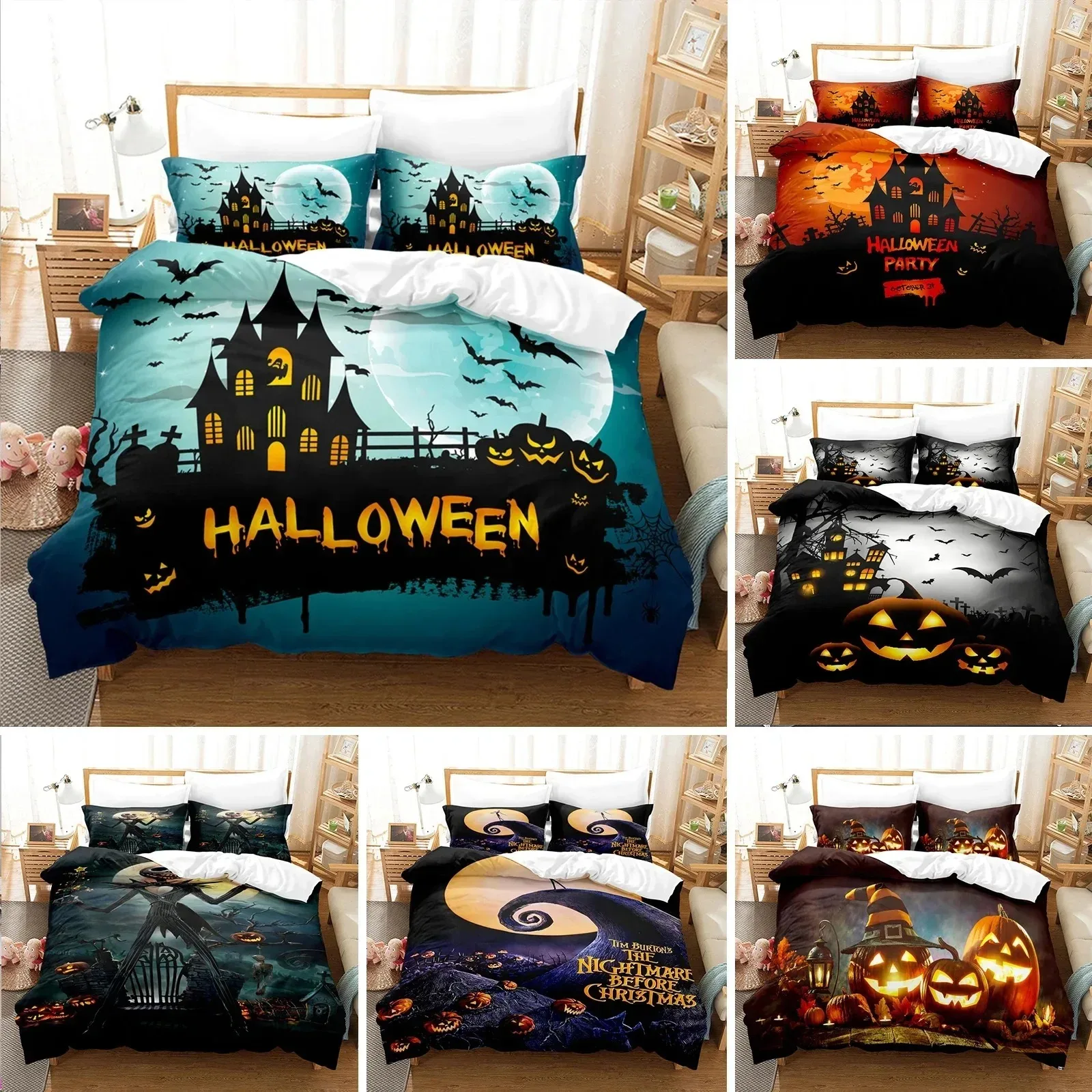 

Halloween Bedding Set KingQueen Size Cartoon Pumpkin Lantern Castle and Bat Duvet Cover Dark Horror Night Polyester Quilt Cover