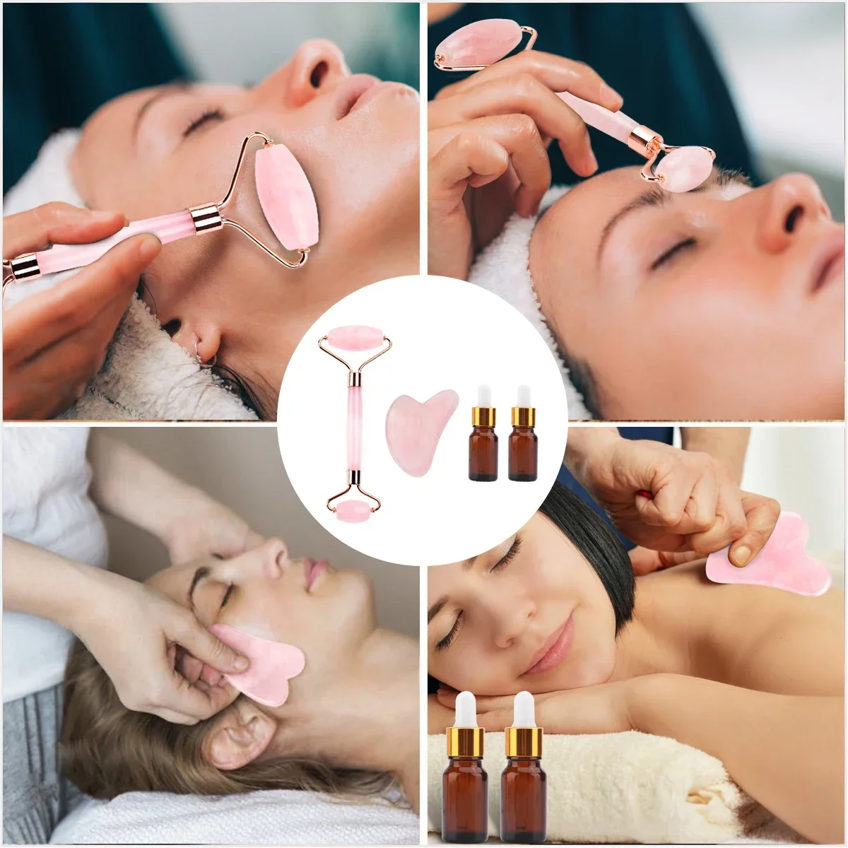 Natural Rose Quartz Jade Roller Gua Sha Set Facial Body Massager Gua Sha Scraper for Face Eye Neck Skin Care Tool Gift Bag Box