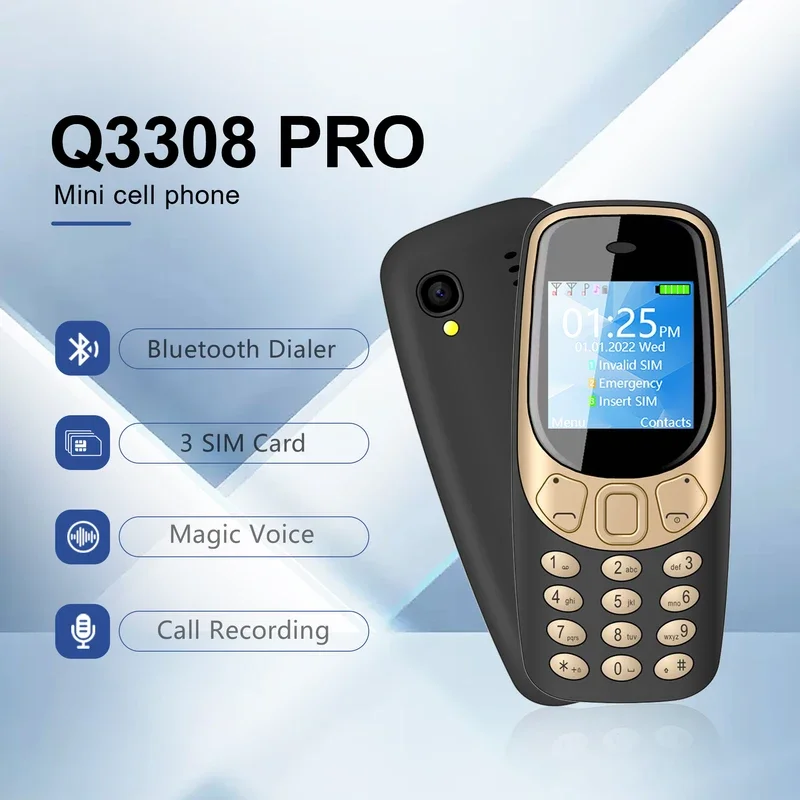 

Q3308 PRO 3 SIM Standby Small Mobile Phone Bluetooth Dialer Magic Voice Call Recording FM Super Mini Cellphones For Backup