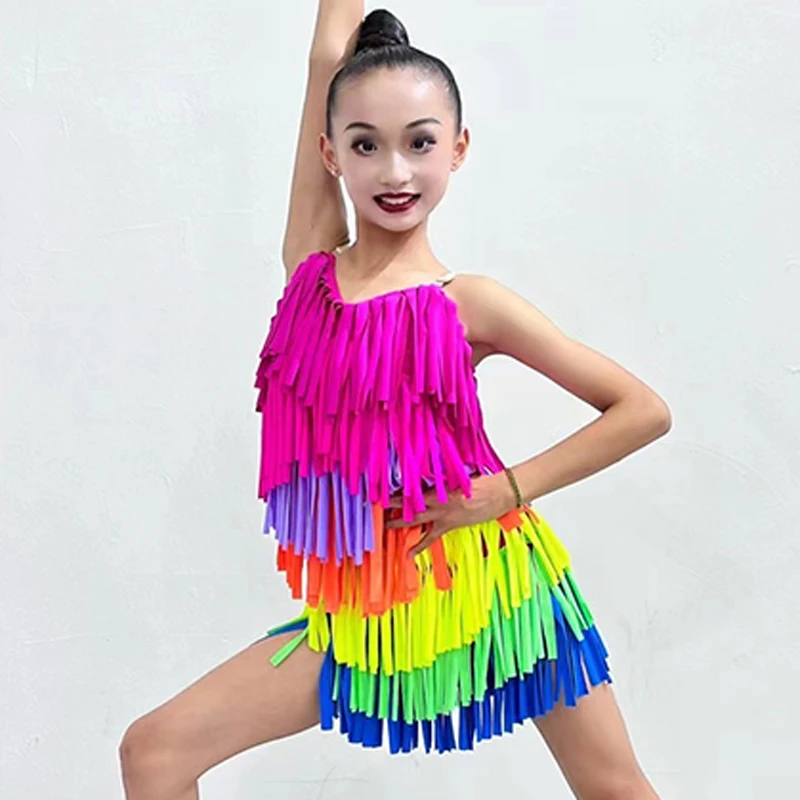 Colorful Fringe Latin Dance Dress Girls Cha Cha Rumba Samba Performance Costume Kids Practice Clothes Competition Dress DNV20620