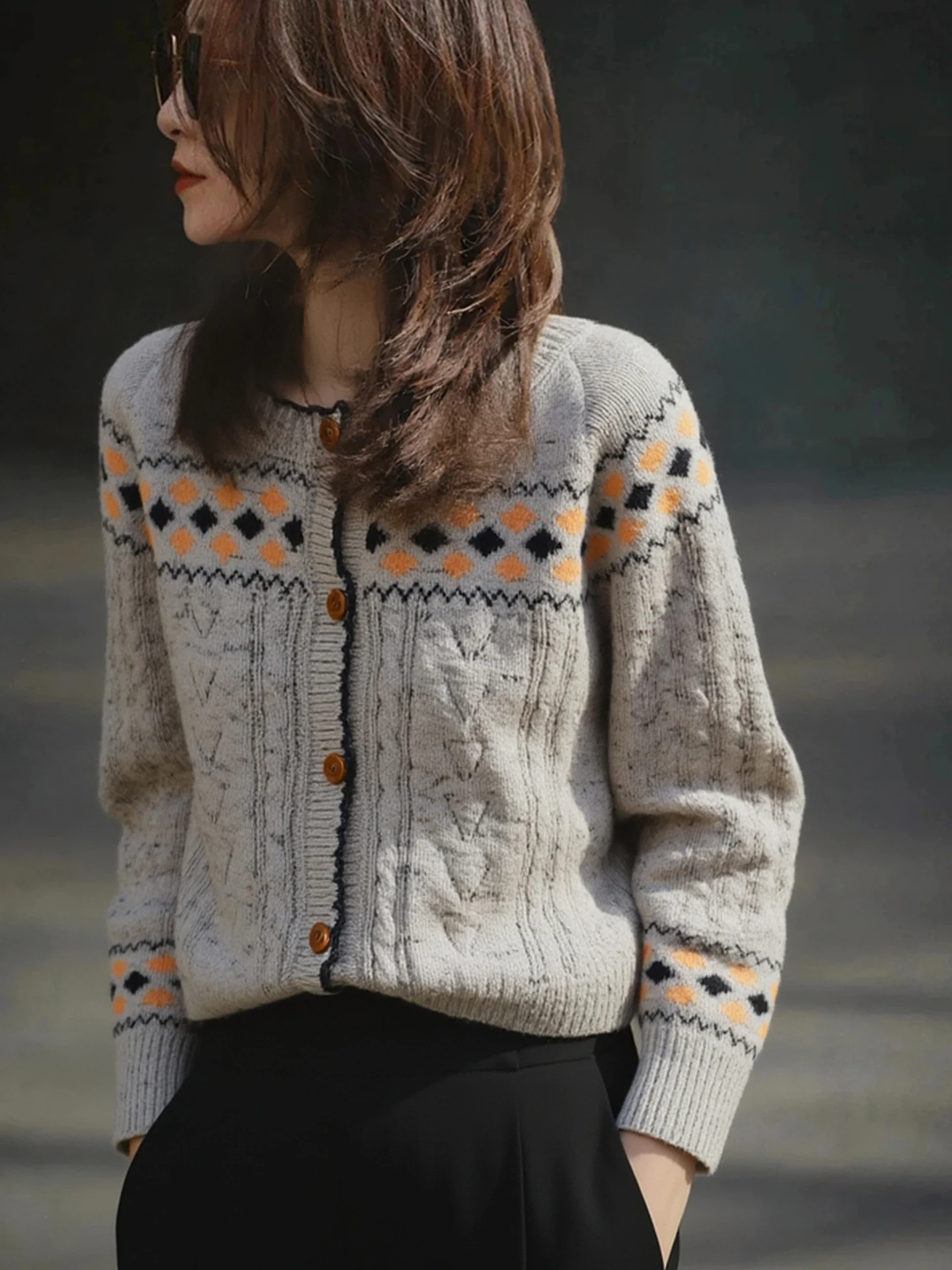 

Элегантный вязаный кардиган с узором Fair Isle, высококачественный, осенне-зимний, приталенный, женский, модный, повседневный, для работы и отдыха