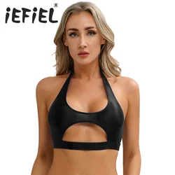 Womens Glossy Crop Tops Cutout Halter Vest Solid Color Stretchy Backless Tank Tops for Workout Gym Fitness Pool Party Nightclub