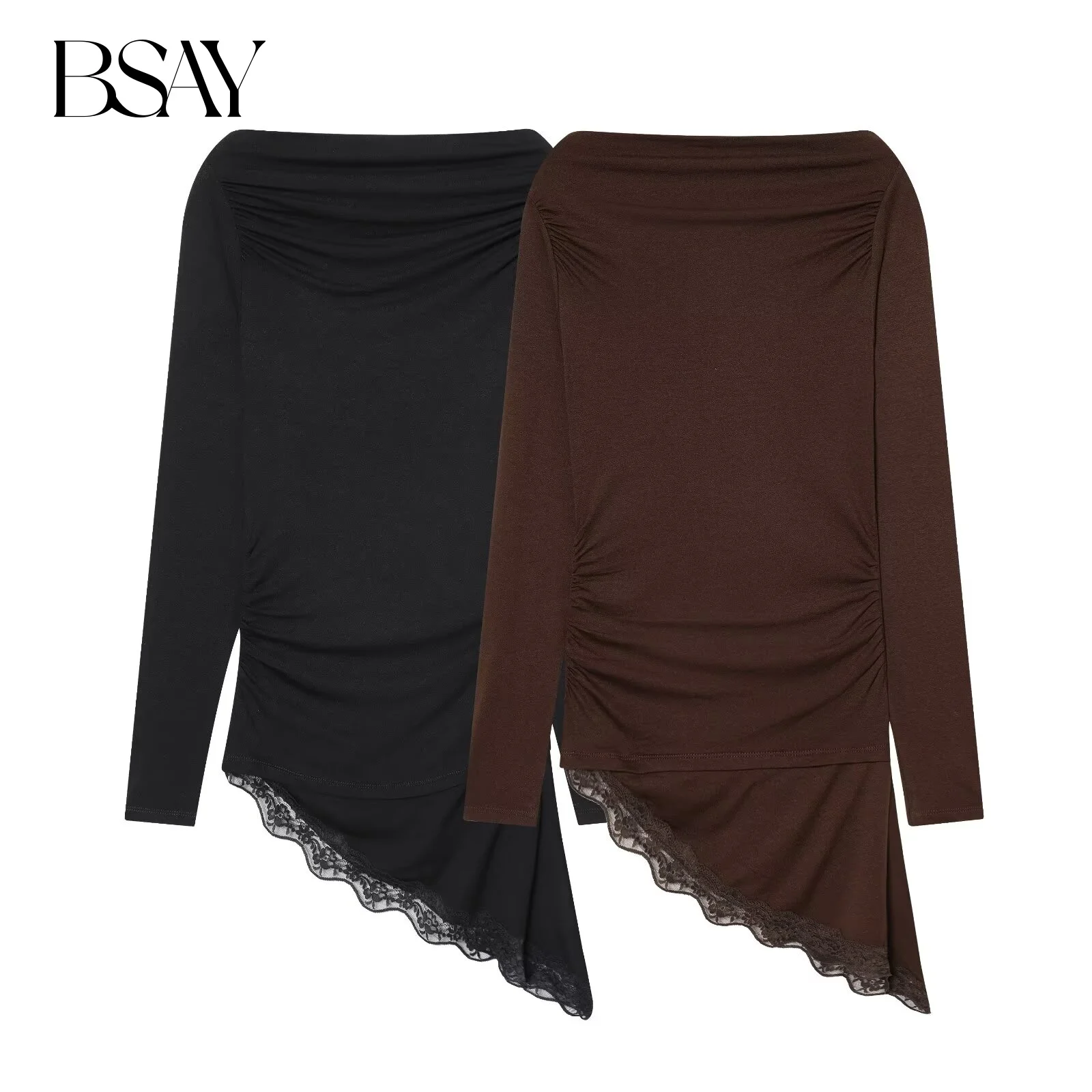 

BSAY Asymmetrical Lace Hem T-shirt for Women Fashion Autumn Winter New Tee Pullover Top Chic Female Long Sleeved T-Shirts Mjuer