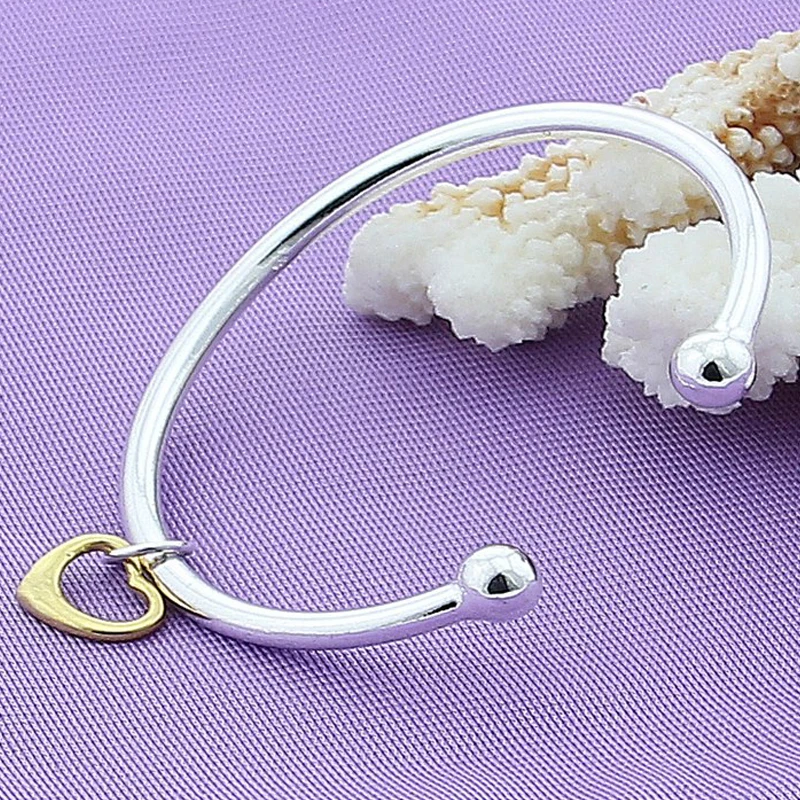 

925 Sterling Silver Gold Heart Cuff Bangle Bracelet For Man Woman Wedding Engagement Fashion Charm Party Jewelry