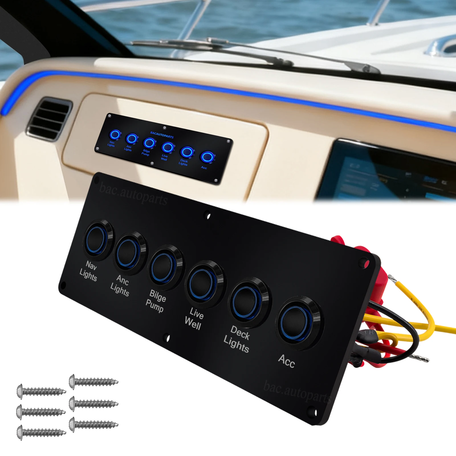 12V-24V 6 Gang Marine Grade Waterproof Push Switch Panel Blue Backlit Circuit Breaker Pre-Wired ON-Off for Boat RV Truck Camper