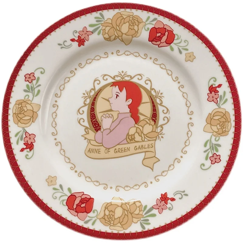 Red Rose Flower Breakfast Plate Dessert Plate Anne of Green Gables Themed Healing Series Hard Fine Porcelain round Dish for A...
