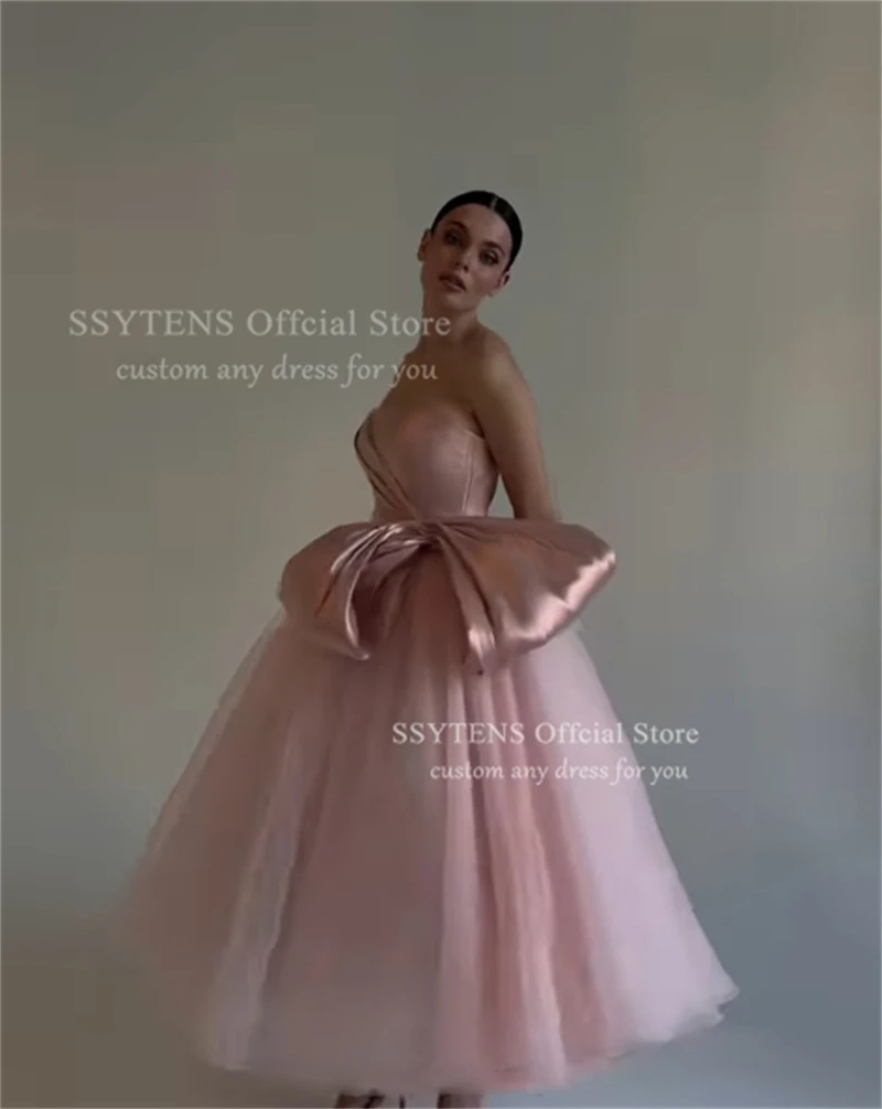 SSYTENS Pink Strapless Party Dresses Satin Bow A Line Prom Gown Ankle Length Birthday Evening Dress Vestidos De Festa Customized