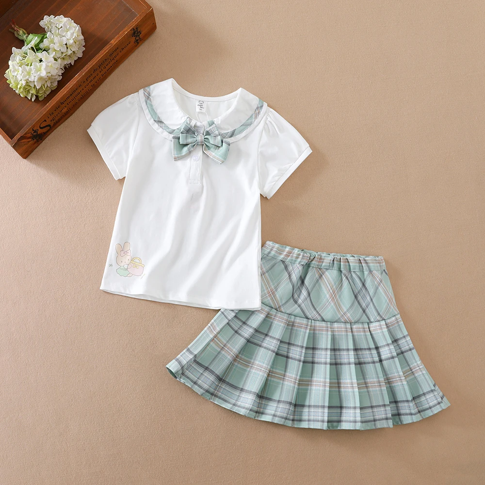Girls Summer Set for 2-6 Years with White Top and Green Plaid Skirt Combo Kids Preppy Style Short Sleeved Outfit