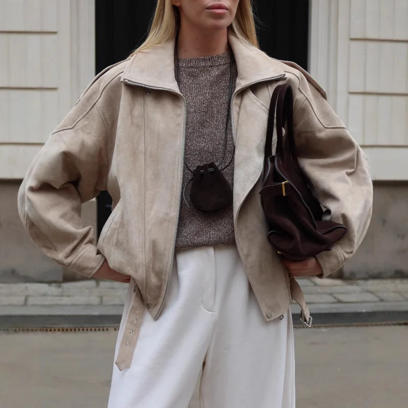 

2025European and American Hot-Selling Women's Brown Short Loose Retro Melard Fashion Casual