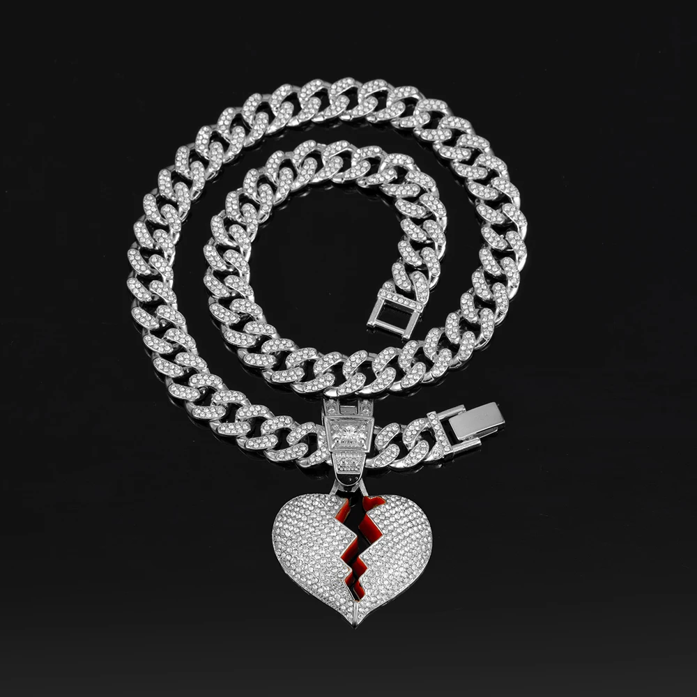 Men Hip Hop Heart Broke Pendant Necklace13mm Miami Cuban Chain HipHop Iced Out Bling Broken Heart Necklace Fashion Charm Jewelry