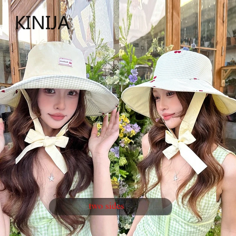 Ins Sweet Cherry bestickte Fischerhüte für Damen, Frühling, Sommer, Outdoor, Reisen, Sonnenschutz, modischer Sonnenhut mit großer Krempe und Band
