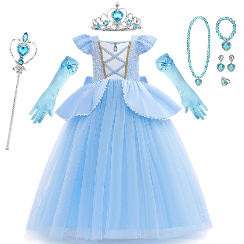 2024 New Cinderella Costume for Girls Halloween Easter Disguise Kids Cosplay Princess Dress Baby Birthday Party Sequin Mesh Gown