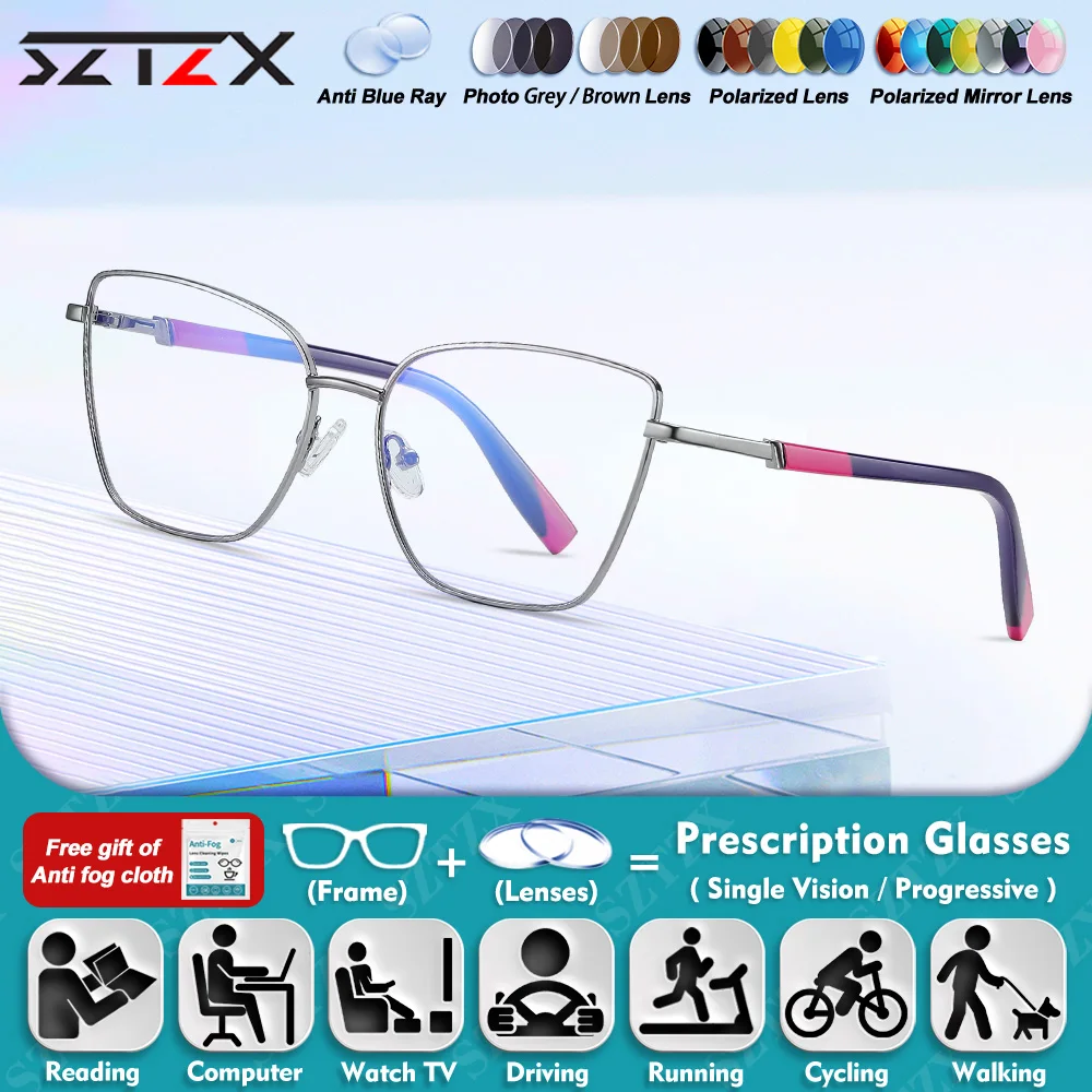 

SZTZX Classic Women Cat Eye Myopia Prescription Office Glasses Candy Color Blue Light Filter Photochromic Progressive Eyeglasses