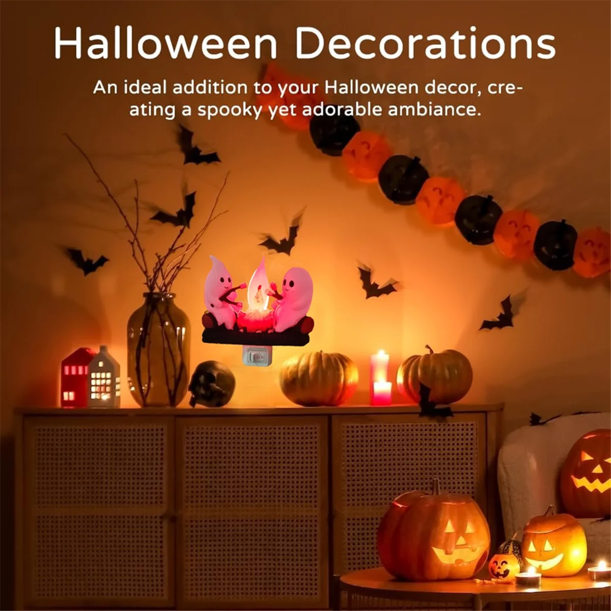 

Ghost Campfire Flickering Night Light Flame Halloween Nightlight 3D LED Small Faux Campfire Night Light Decor EU Plug