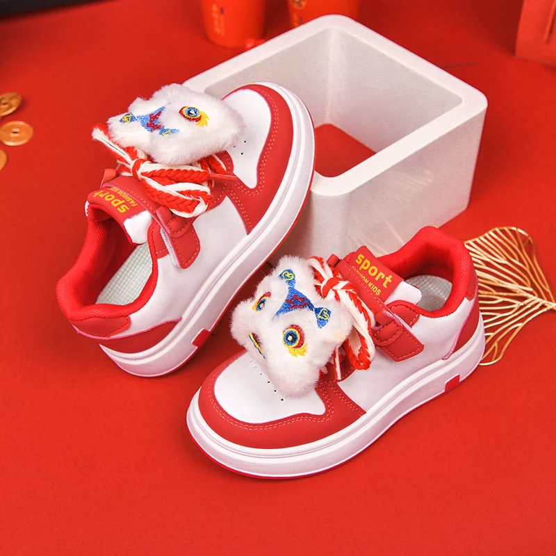 Little Boys Girls Chinese Style Lion Dance Sneakers 2025 New Winter Kids Velcro Casual Shoes Soft Sole Toddler New Year Footwear
