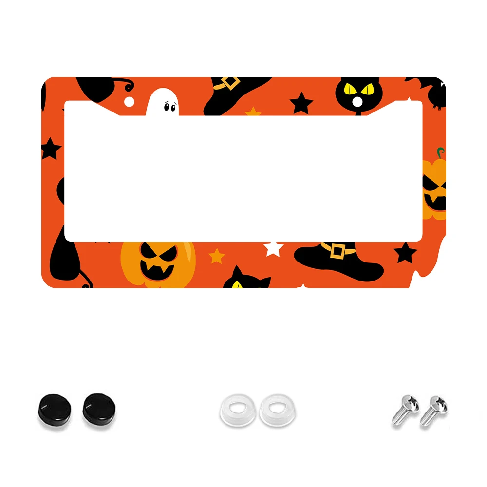 

1pc Orange Halloween 2-Hole License Plate Frame with Pumpkin Witch Hat Pattern, Aluminum Material, 6x12 Inches, Includes Screw