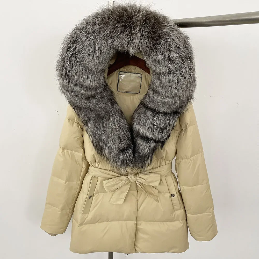 Jaqueta puffer senhora do escritório real guaxinim gola de pele de raposa casaco feminino overwears 2024 inverno pato branco para baixo jaqueta solta casual