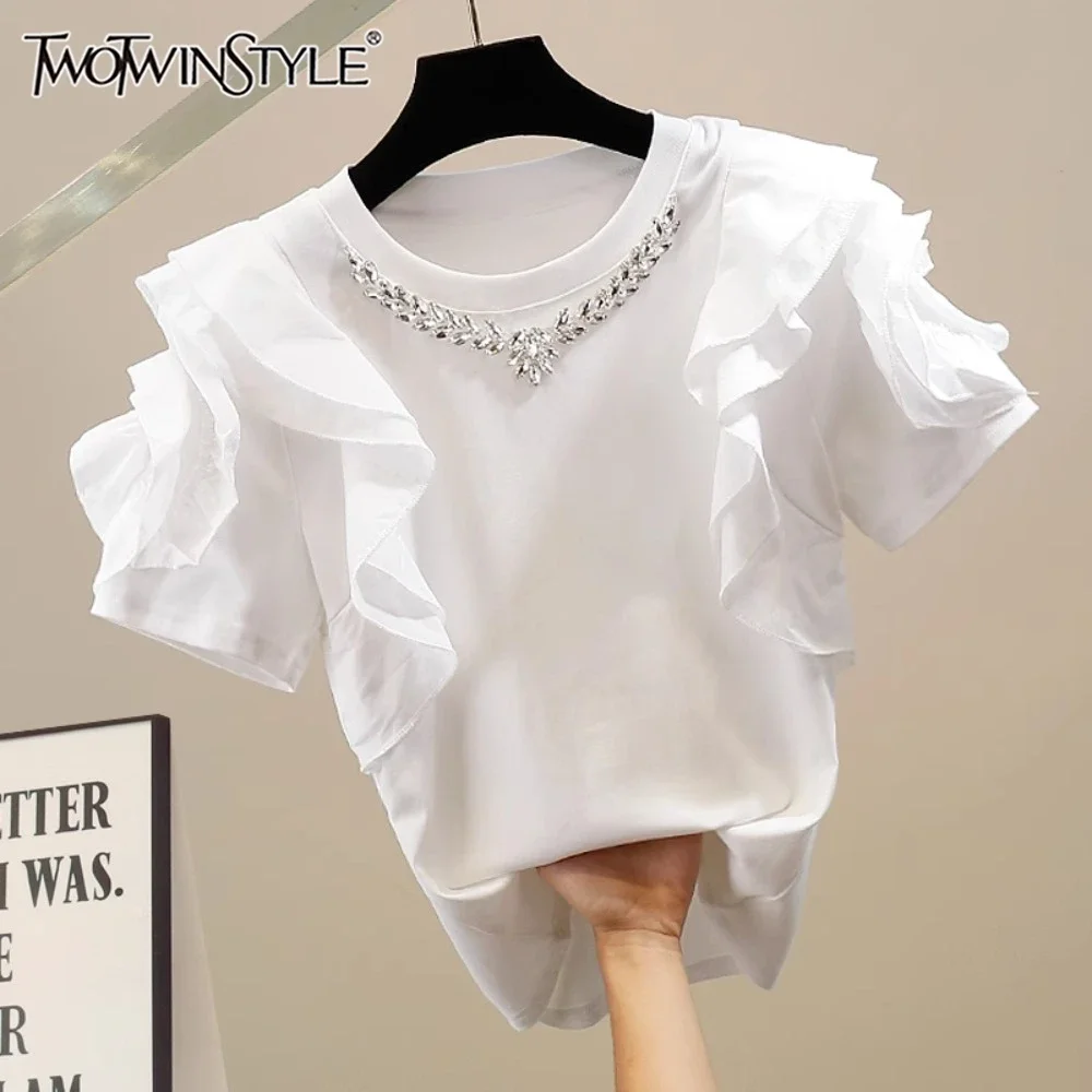 

TWOTWINSTYLE Solid Patchwork Diamonds Chic T Shirts For Women O Neck Short Sleeve Spliced Ruffles Slim T Shirt Female KTS521976