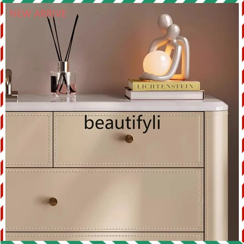 

D2520 Natural marble chest cabinet light luxury household wall locker solid wood drawer cabinet saddle leather