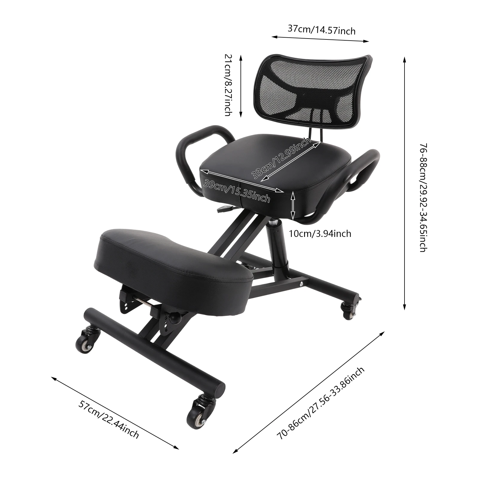 Ergonomic Kneeling Chair, Posture Correction Chair, Black, Adjustable Height, for Home Office, Reduce Back Pain, Improve Posture, Cushioned Seat, Breathable Mesh Backrest, 360° Swivel Wheels with Brakes