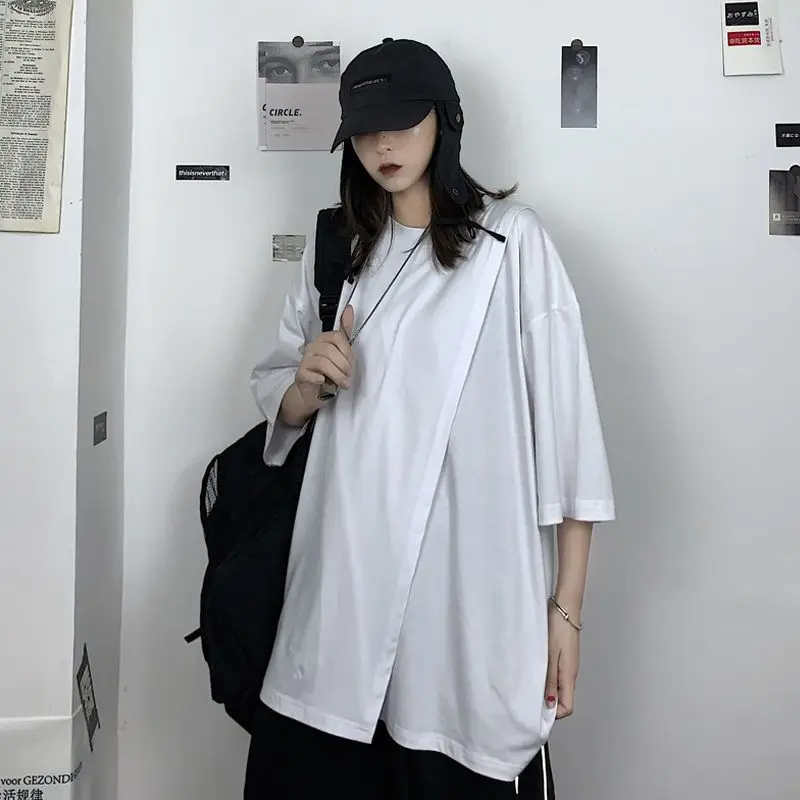 Street Casual Split Hem Black Tops Summer New Short Sleeve Solid Color Loose Trend T Shirts Fashion Harajuku Women Clothing