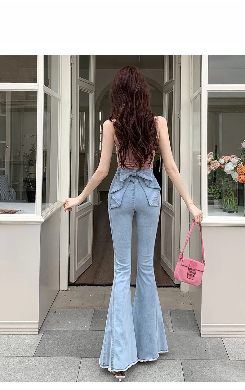 Bow Tie Jeans Women's American Vintage Three-dimensional Micro-large Summer Thin Pants New High-waisted Skinny Hip Flare Pants