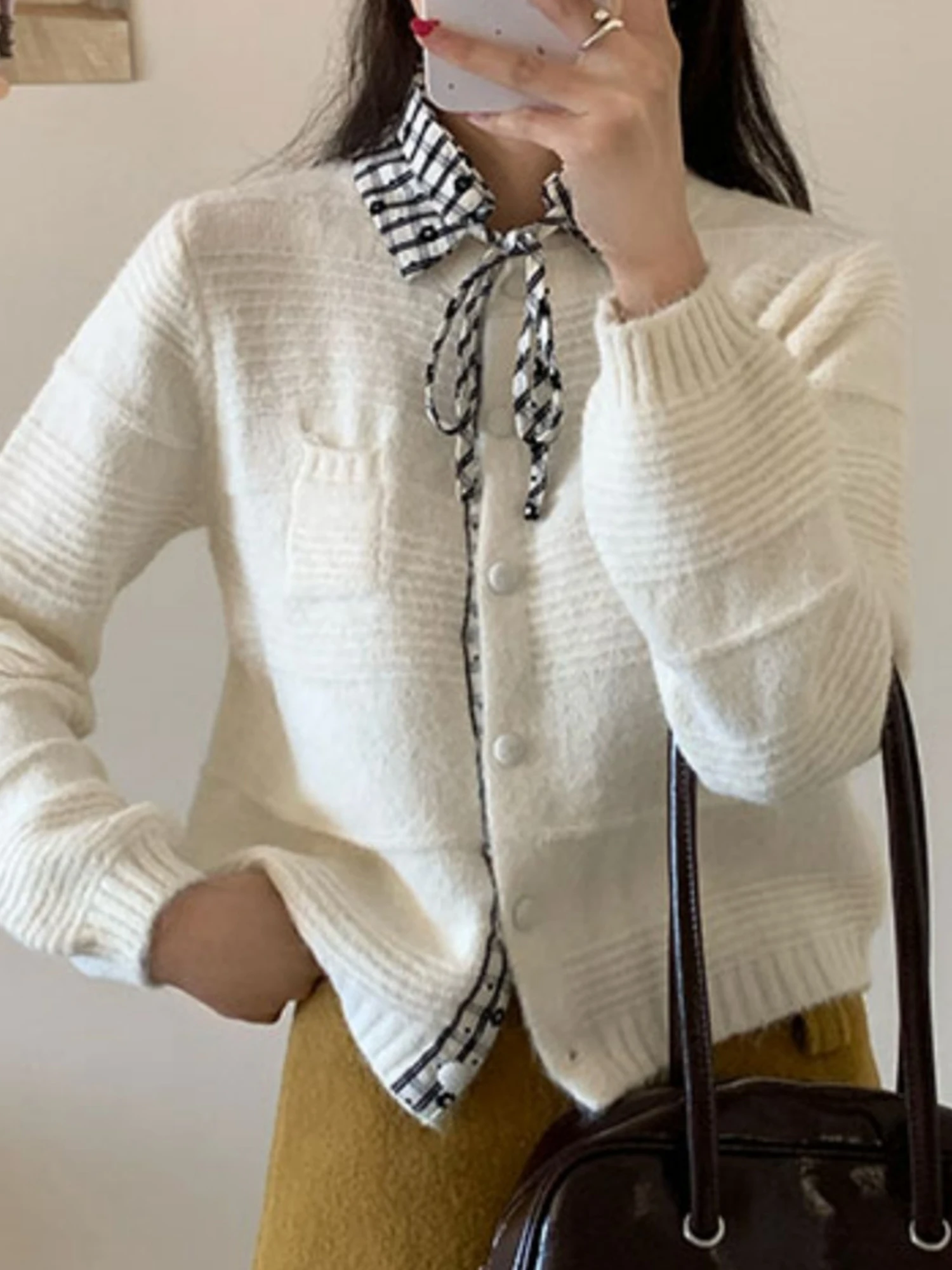 Korean Style Removable Plaid Collar Tied Sweater Cardigan Women Soft High Sense Knitwear Top Fashion Spring Autumn Winter