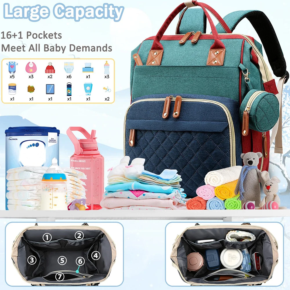 Multifunctional Mommy Diaper Feeding Bottle Backpack Baby 16 Pockets Nursing Diaper Bag Outdoors Travel Backpack with USB