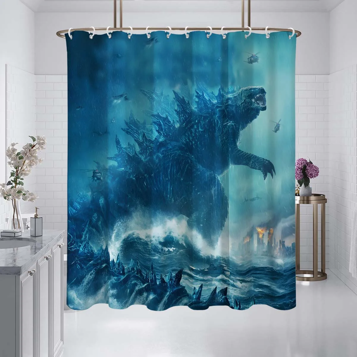

1PC Monster in mist pattern printed shower curtain, with 12 hooks, suitable for bathroom showers, bathtub, home use