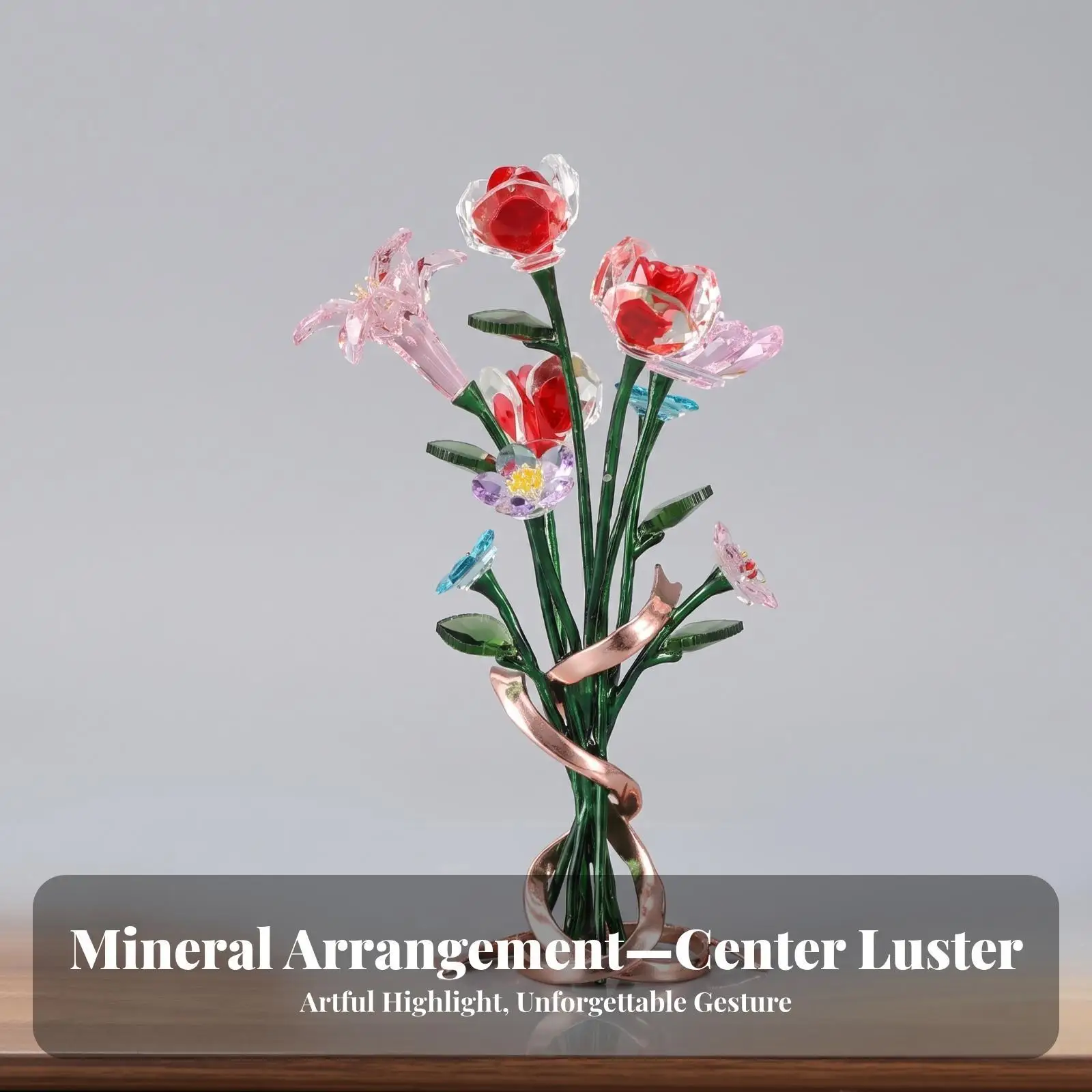 Crystal Flower Bouquet Sparkling Glass Flower Figurine Clear for Display Cabinet