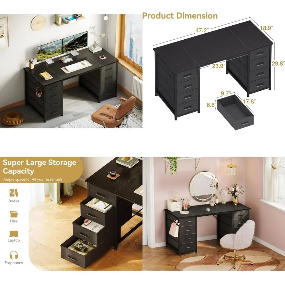 

48 Large Storage Modern Computer Desk with 8 Fabric Drawers for Home Office, Study, Gaming - Black