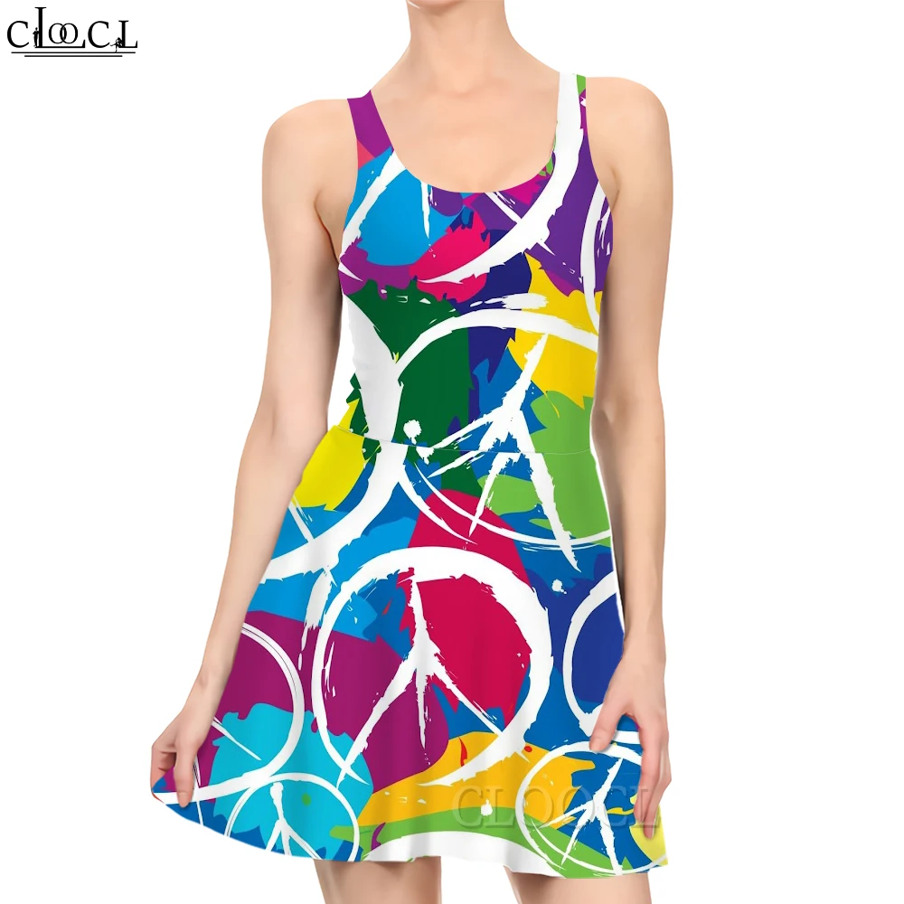 

CLOOCL Dress Abstract Colorful Painting Print Mini Dress Female Sleeveless Knee Length Princess Dress Sexy Beach Clothes