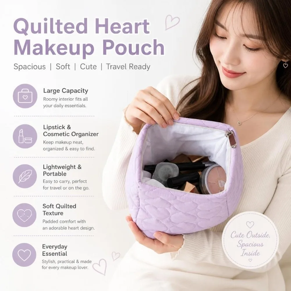 Large Capacity Travel Makeup Organizer Bag Heart Soft Padded Quilted Cosmetic Pouch Lightweight Zipper