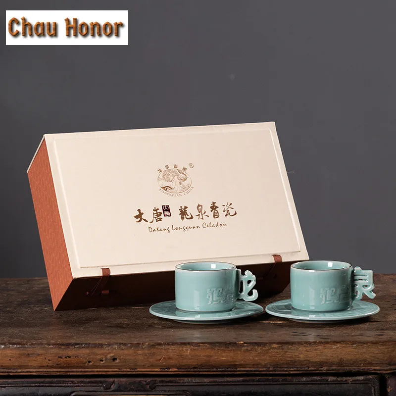 160ml Handmade Longquan Celadon Coffee Mug With Plate Hot Chocolate Cup Tea Pair Afternoon Tea Mug Cup Saucer Kit Drinkware Gift