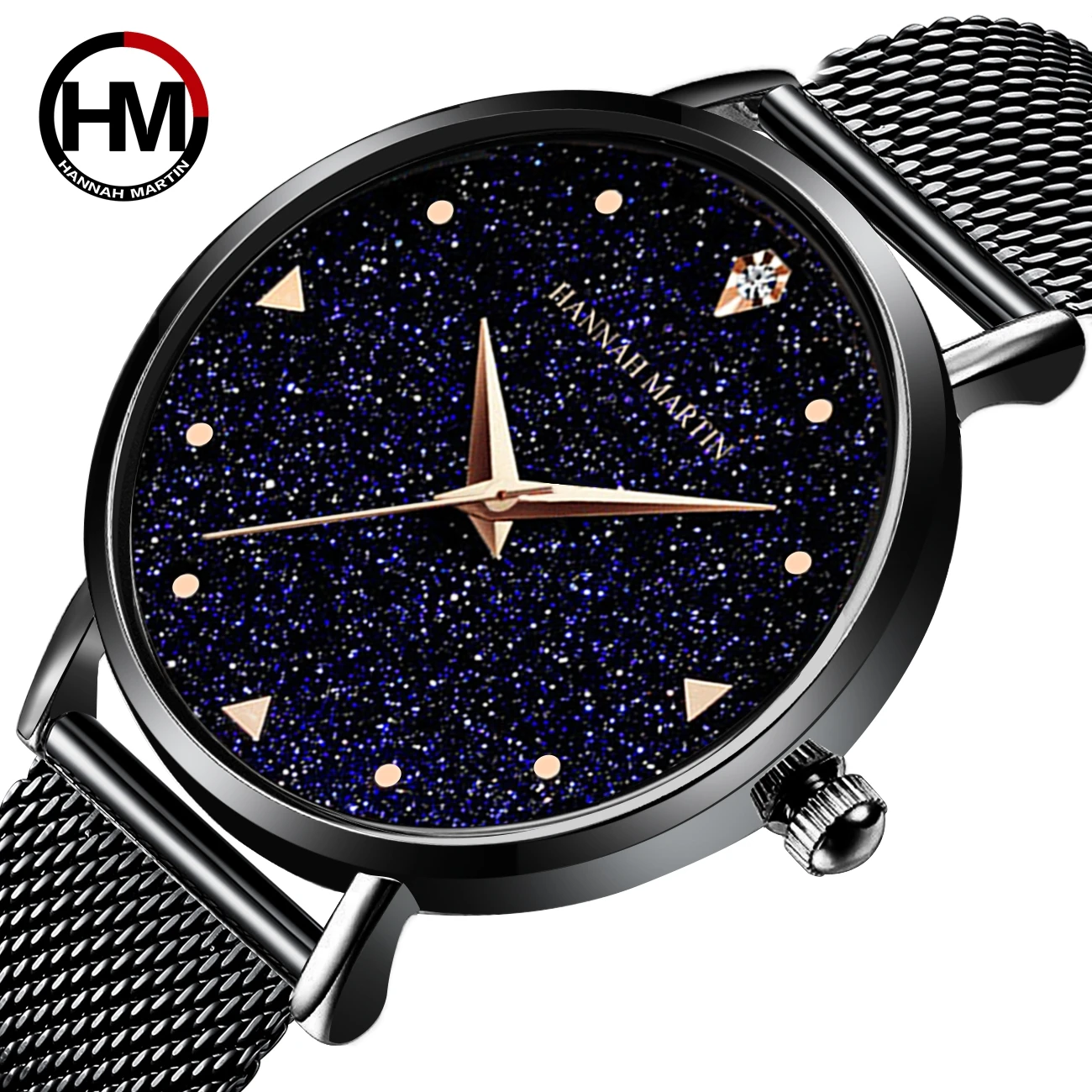 Hannah Martin Ladies Watch Japan Quartz Movement Stainless Steel Mesh Band Wristwatches Flash Night Stars Face Watches For Women