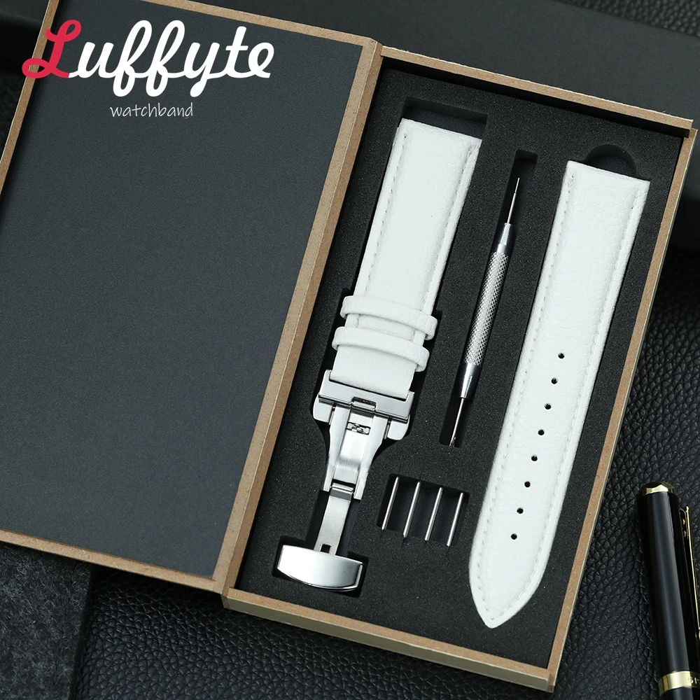 Litchi Grain Leather Watchband with Gift Box Fashion Replacement Band 18mm 20mm 22mm Butterfly Buckle Business Watch Strap
