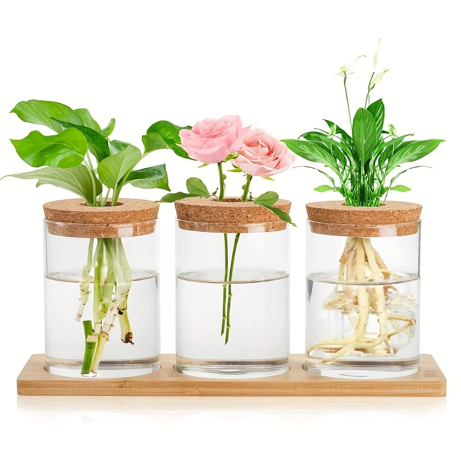 3 Pcs Acrylic Vase with Bamboo Tray Plant Home Decoration Terrarium Propagation Stations, Tabletop Water Planting, Clear Jars